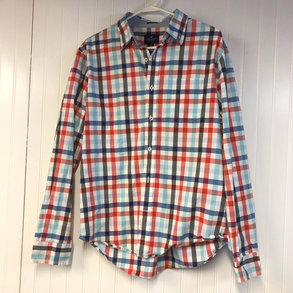 American Eagle Colorful Plaid Men's Long Sleeve Button Down Shirt Large Prep Fit - Picture 1 of 4